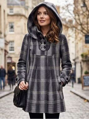 Vero Moda Hooded Grey Plaid Coat